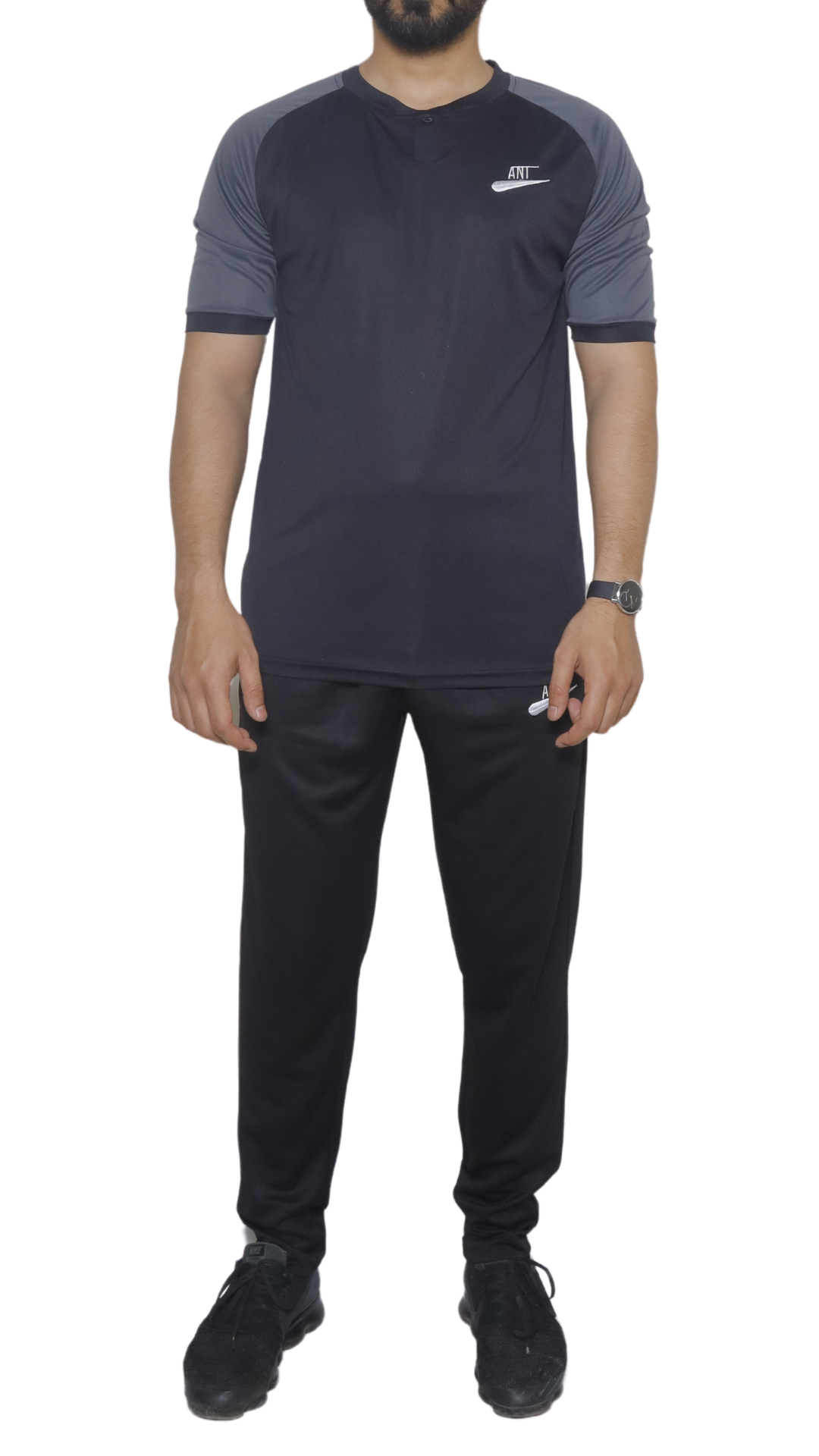 BLACK SHIRT WITHE GREY SHOULDER AND BLACK TROUSER DRI-FIT SUMMER Track Suit
