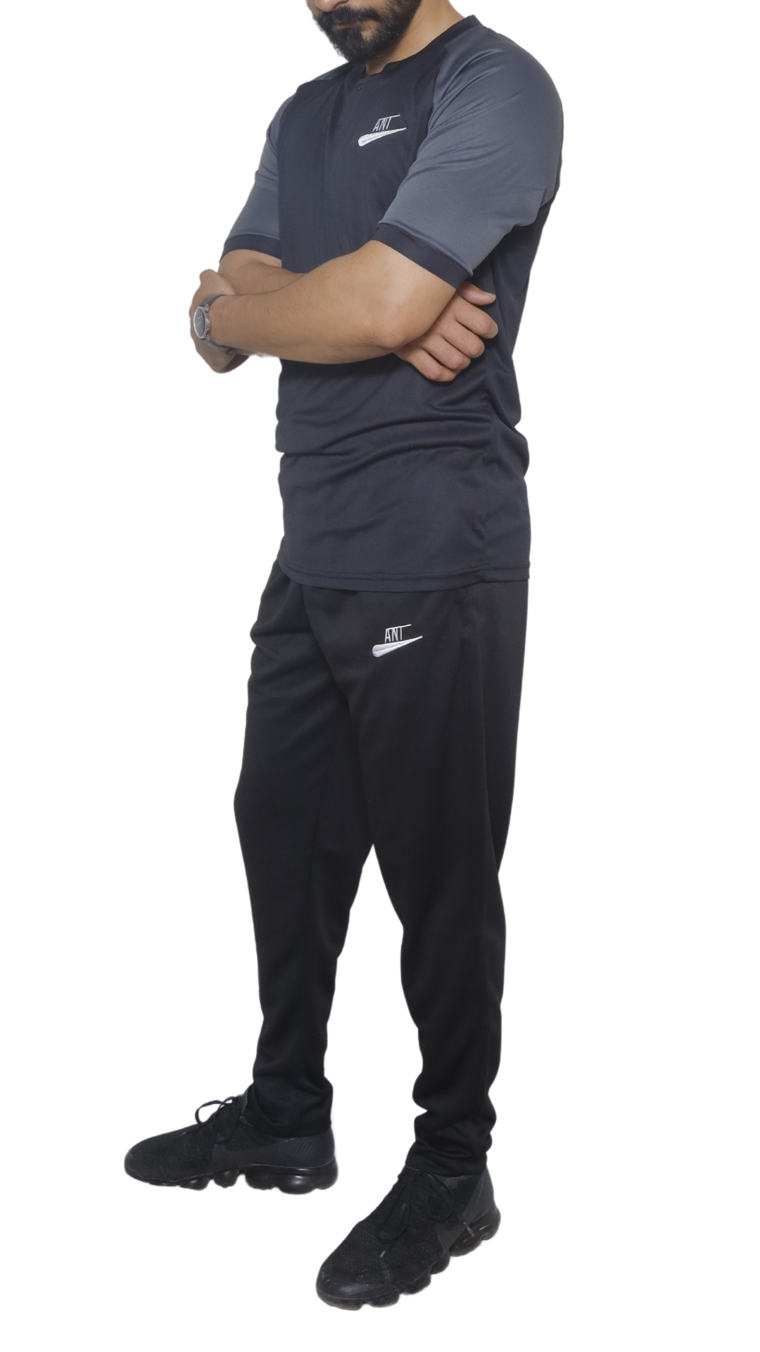 BLACK SHIRT WITHE GREY SHOULDER AND BLACK TROUSER DRI-FIT SUMMER Track Suit