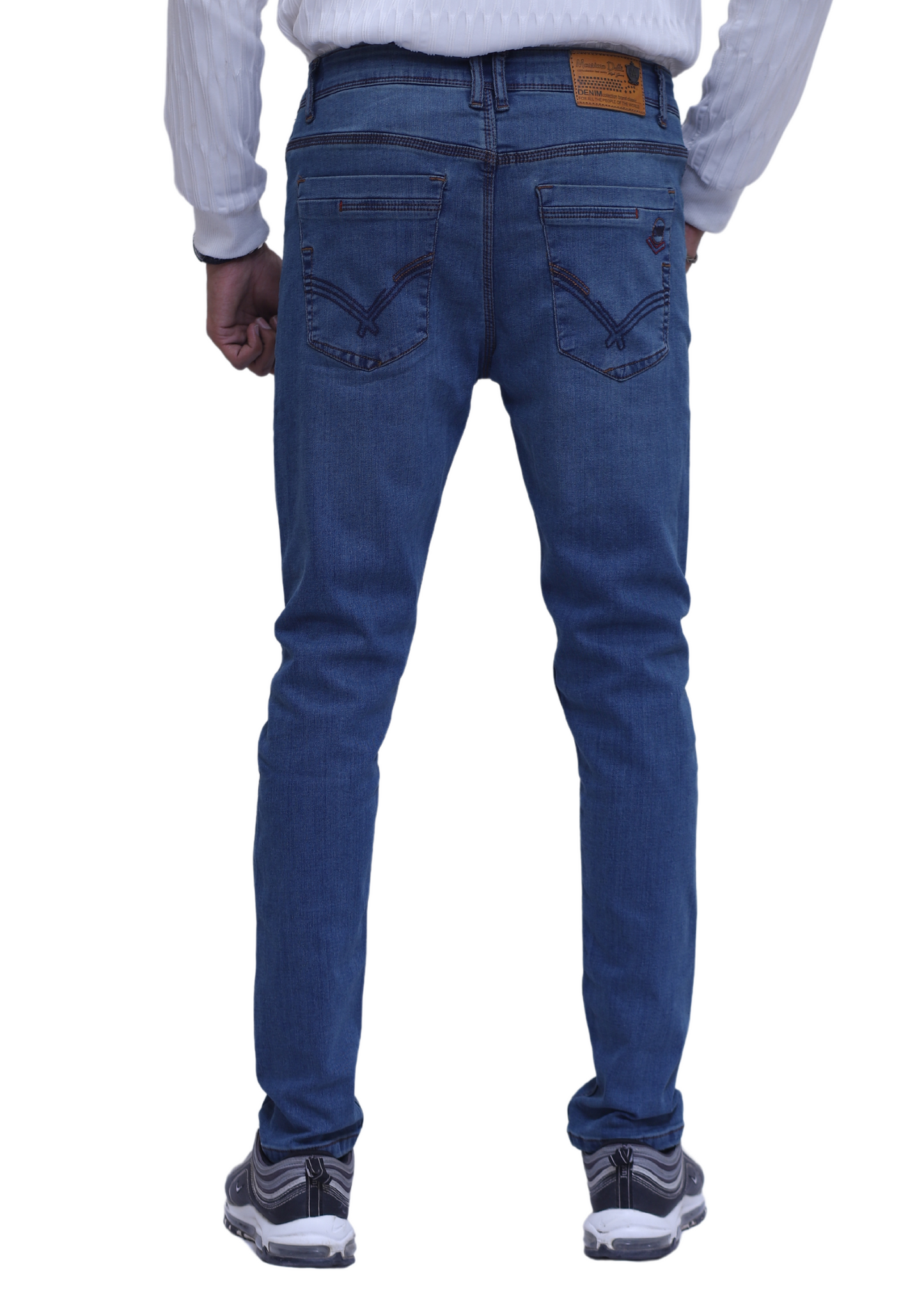 Slim Fit Denim Jeans In Bleach Look and Conrast Stitching