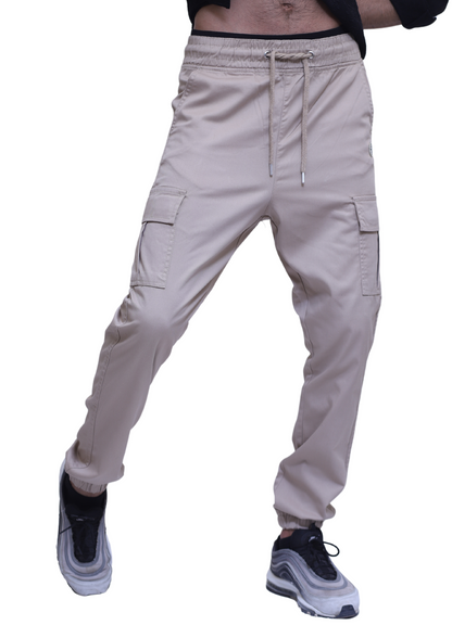 Elasticated Waist Cuffed Cargo Pants in Stone