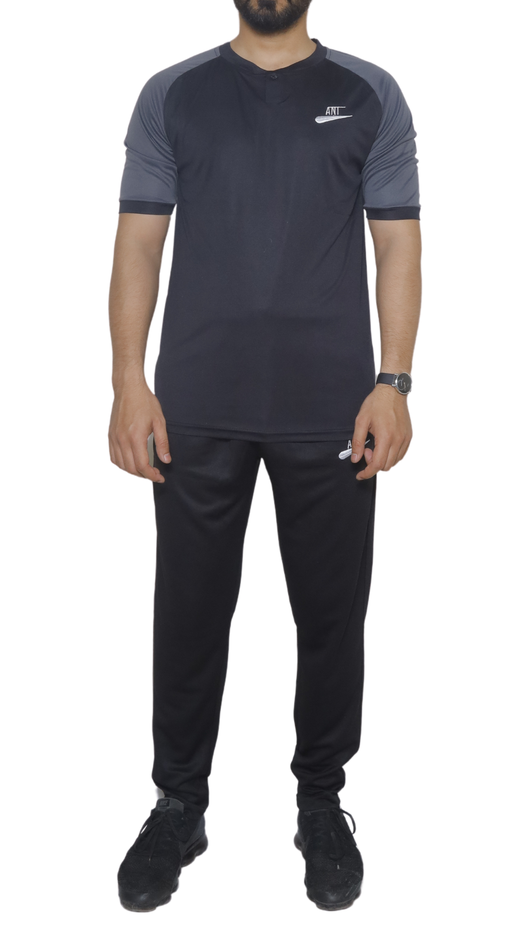 BLACK SHIRT WITHE GREY SHOULDER AND BLACK TROUSER  DRI-FIT SUMMER Track Suit