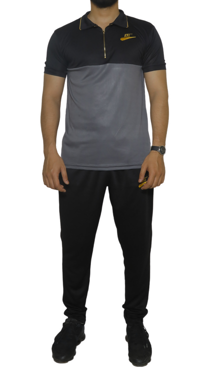 Grey and Black Shirt with Golden Zip and Black Trouser- Drifit Tracksuit